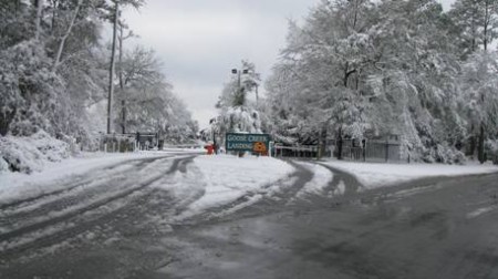 Snowy road leading to Goose Creek Landing.
